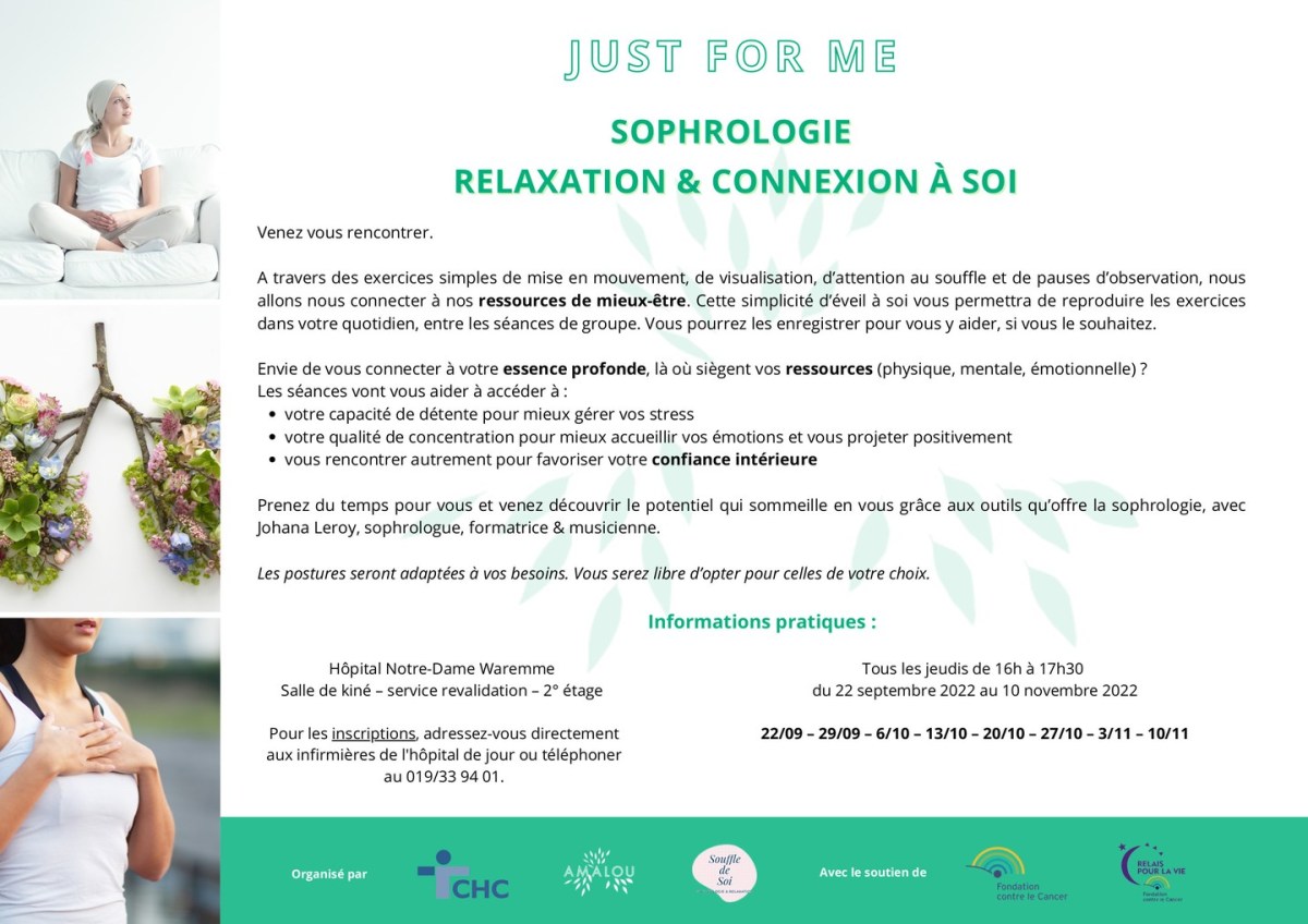 Venez vous rencontrer. A travers des exercices simples de mise en mouvement, de visualisation, d'attention au souffle et de pauses d'observation, nous allons nous connecter à nos ressources de mieux-être. Cette simplicité d'éveil à soi vous permettra de reproduire les exercices dans votre quotidien, entre les séances de groupe. Vous pourrez les enregistrer pour vous y aider, si vous le souhaitez. Envie de vous connecter à votre essence profonde, là où siègent vos ressources (physique, mentale, émotionnelle) ? Les séances vont vous aider à: votre capacité de détente pour mieux gérer vos stress votre qualité de concentration pour mieux accueillir vos émotions et vous projeter positivement vous rencontrer autrement pour favoriser votre confiance intérieure Prenez du temps pour vous et venez découvrir le potentiel uqi sommeille en vous grâce aux outils qu'offre la sophrologie, avec Johana Leroy, sophrologue, formatrice & musicienne. Les postures seront adaptées à vos besoins. Vous serez libre d'opter pour celle de votre choix.